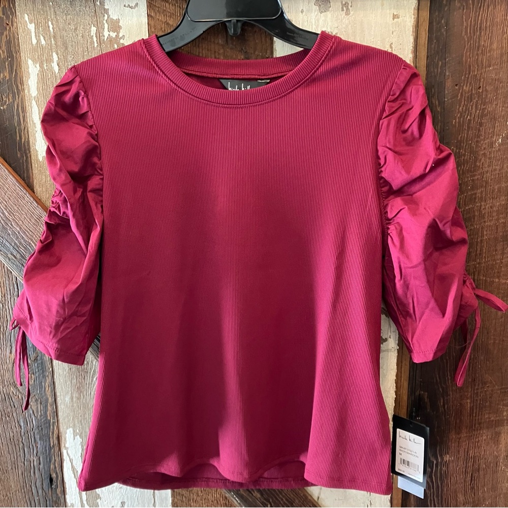 Nicole Miller Magenta Puff Gathered 3/4 Sleeve Blouse Crew Neck